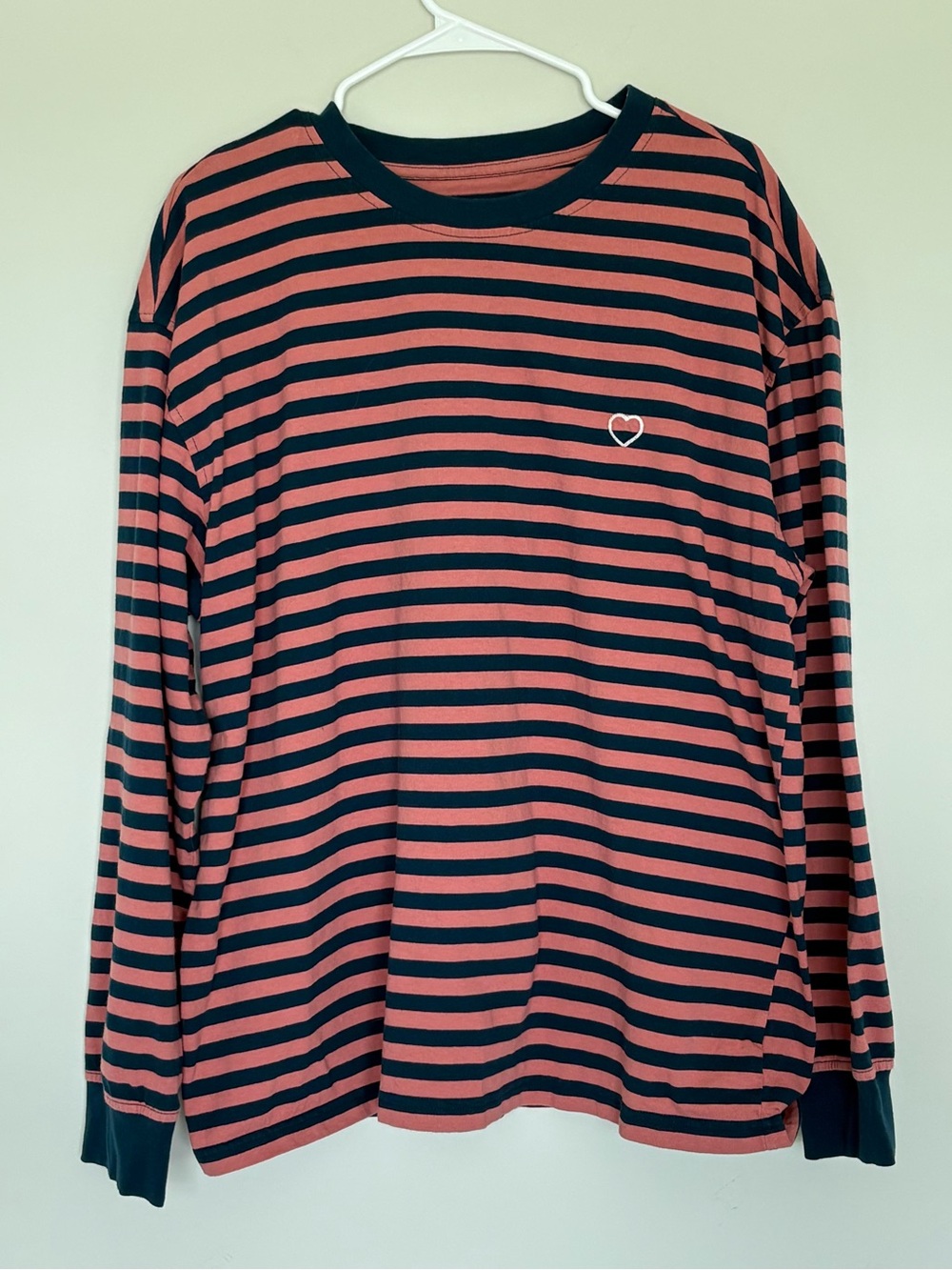 Striped Embroidered Heart Longsleeve Mens XL Goodfellow Pink And Navy